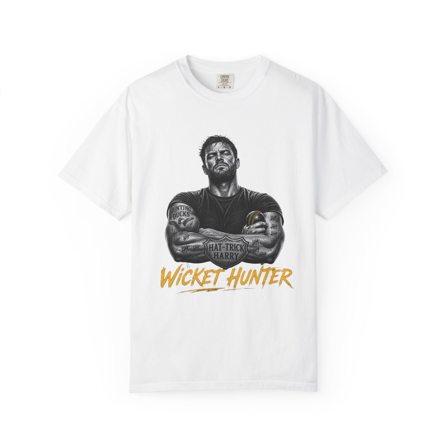 Wicket Hunter cricket t-shirt, tattooed bowler with Hunting Ducks tattoo, garment-dyed tee