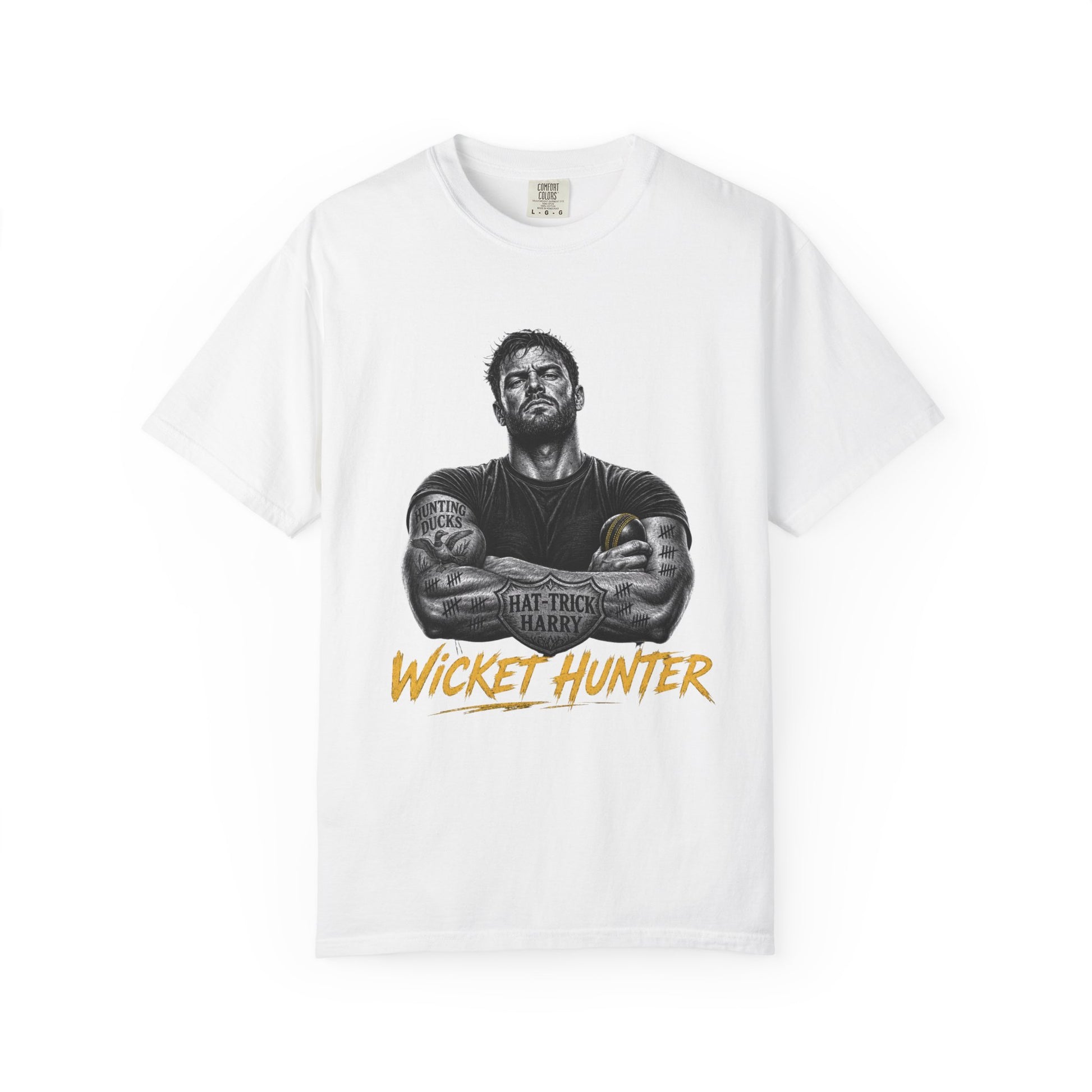 Wicket Hunter cricket t-shirt, tattooed bowler with Hunting Ducks tattoo, garment-dyed tee