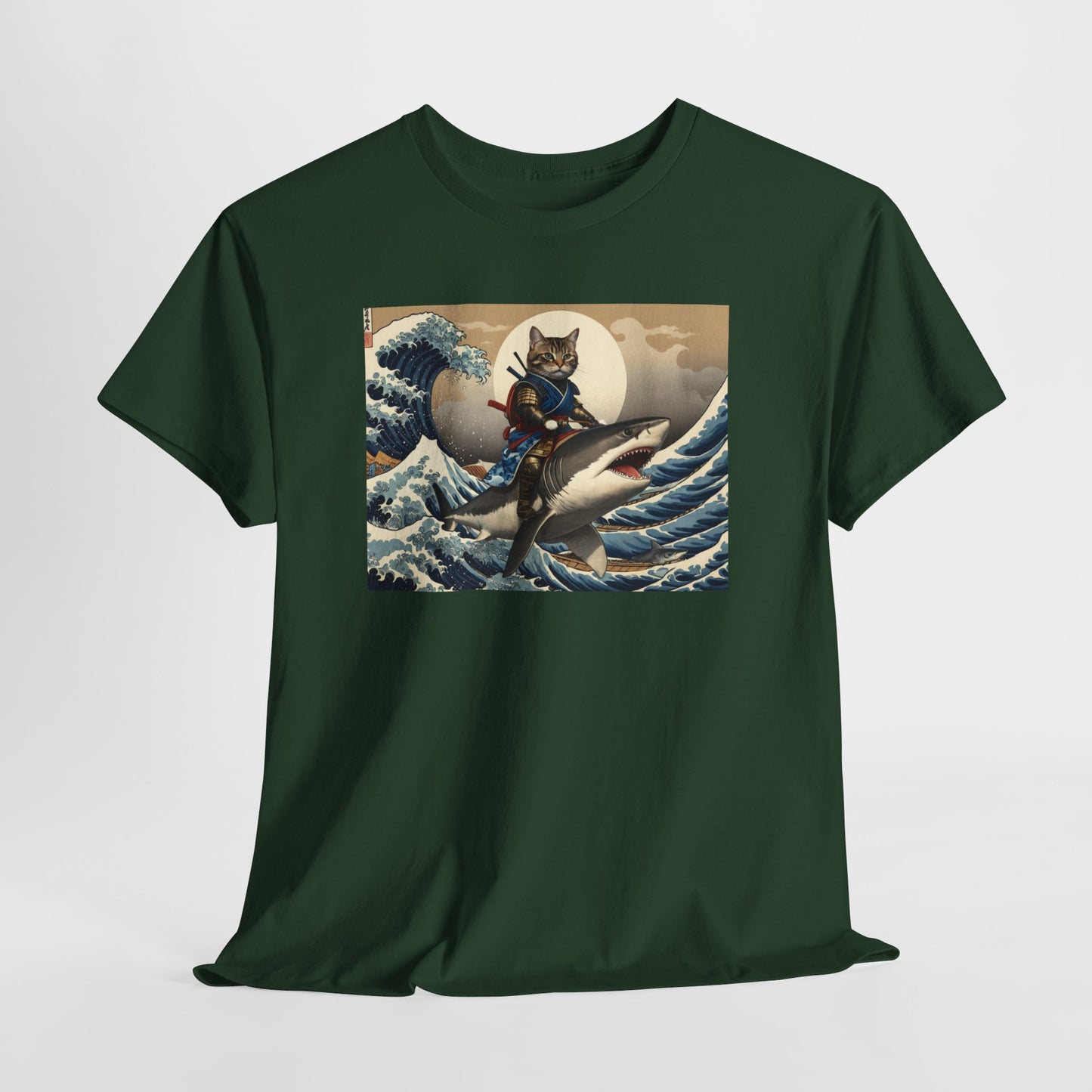 Samurai Cat Riding Shark T-Shirt | Vintage Japanese Wave Art Tee | Odyssey Camp & Co.