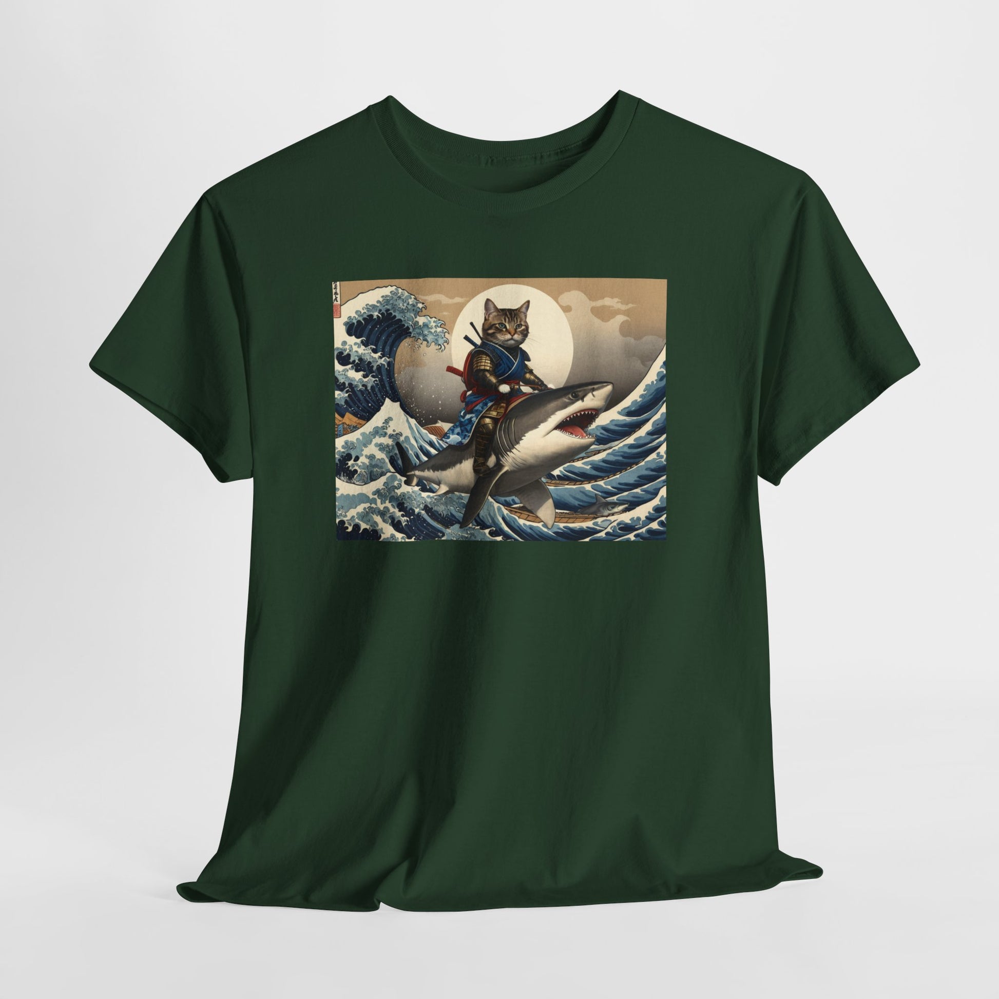 Samurai Cat Riding Shark T-Shirt | Vintage Japanese Wave Art Tee | Odyssey Camp & Co.