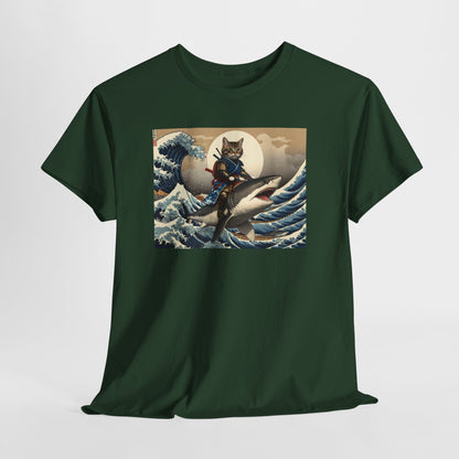 Samurai Cat Riding Shark T-Shirt | Vintage Japanese Wave Art Tee | Odyssey Camp & Co.