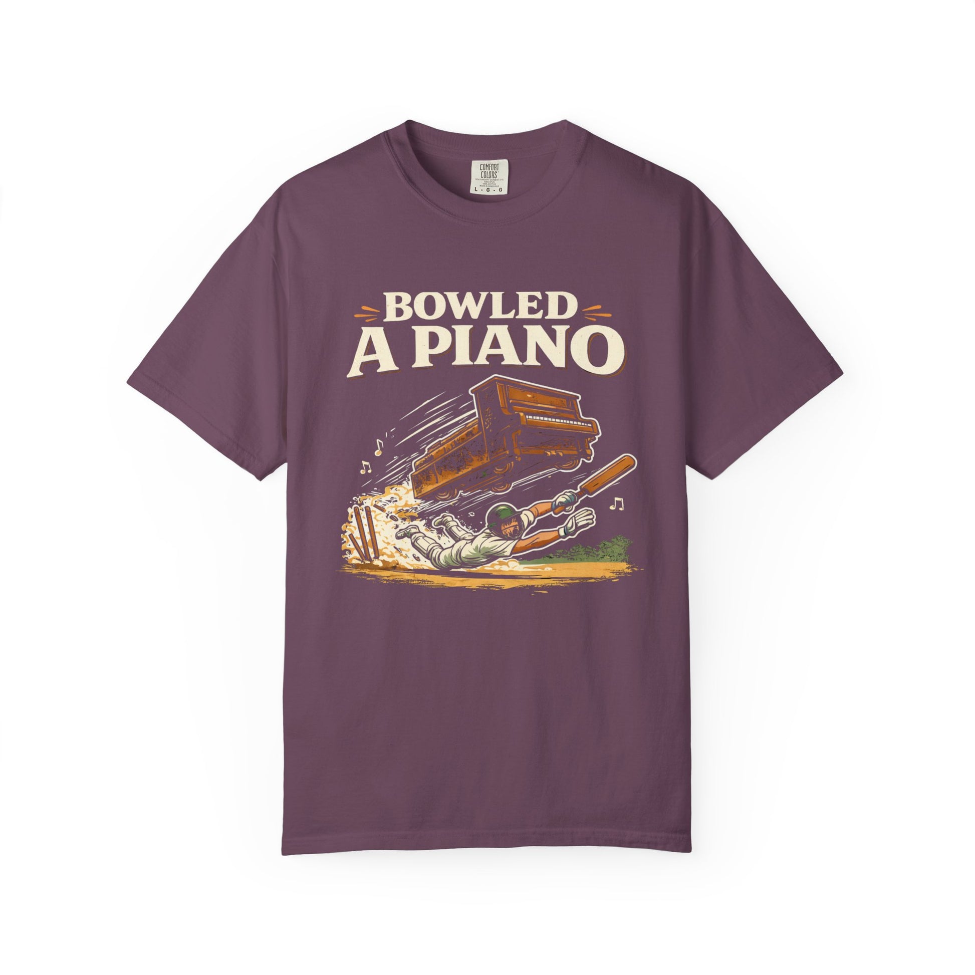 Bowled A Piano | Funny Cricket T-Shirt Retro Graphic Cricket Tee | purple | Odyssey Camp & Co.