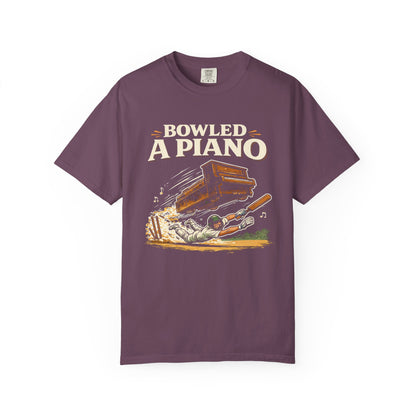 Bowled A Piano | Funny Cricket T-Shirt Retro Graphic Cricket Tee | purple | Odyssey Camp & Co.