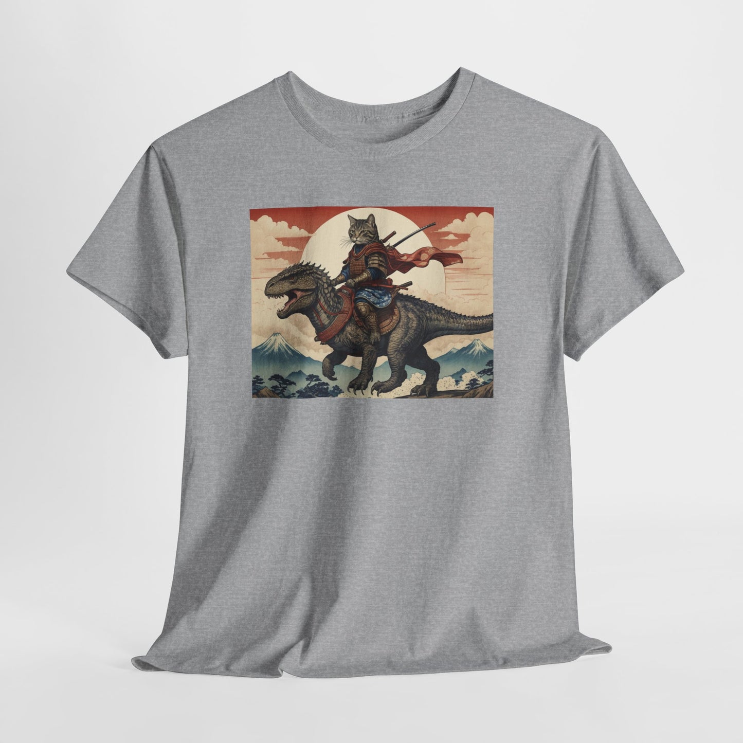 Samurai Cat Riding T-REX T-Shirt | Vintage Japanese Wave Art Tee | Odyssey Camp & Co.