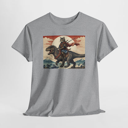 Samurai Cat Riding T-REX T-Shirt | Vintage Japanese Wave Art Tee | Odyssey Camp & Co.