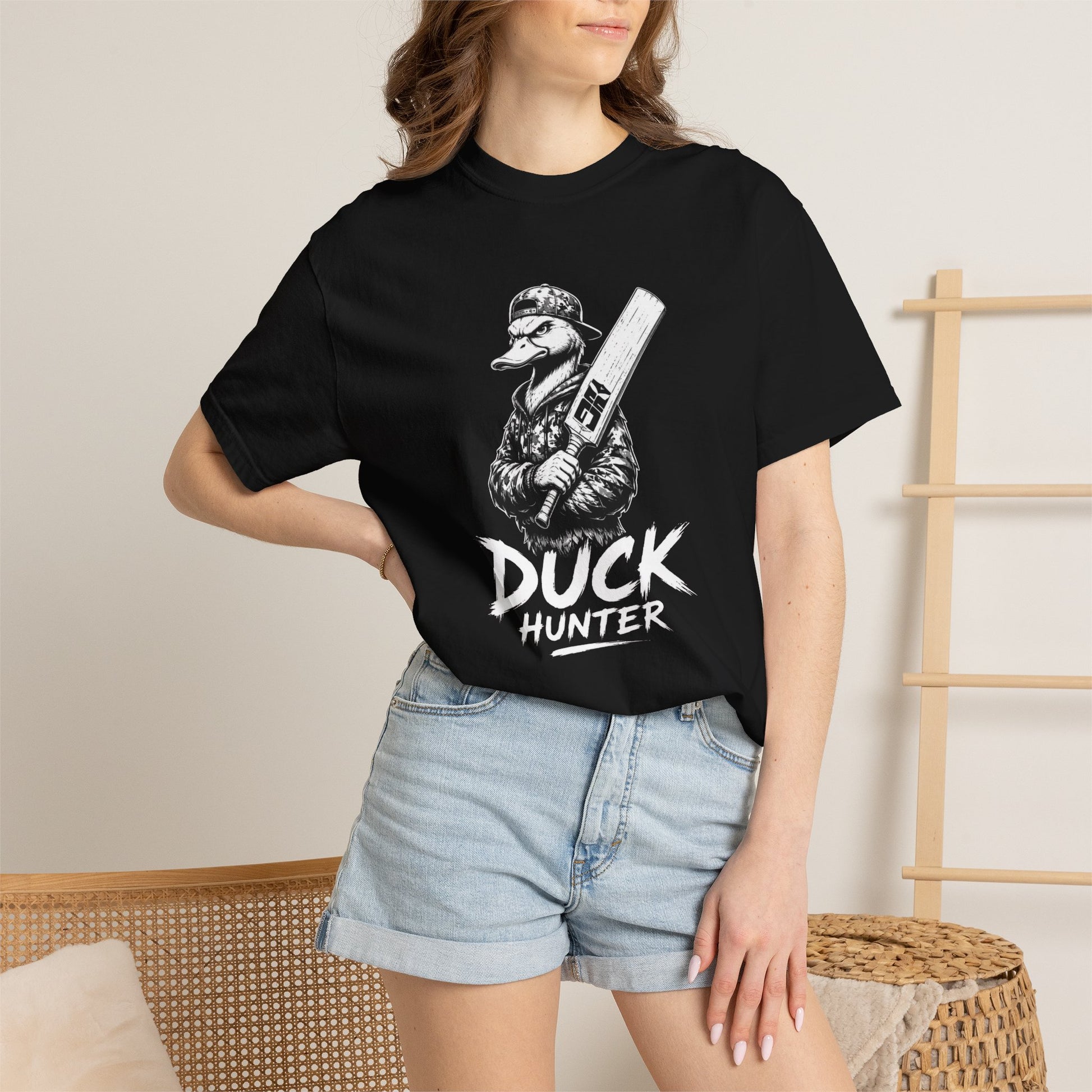 Model wearing Duck Hunter t-shirt, relaxed unisex fit cricket duck award graphic tee by Odyssey Camp & Co.