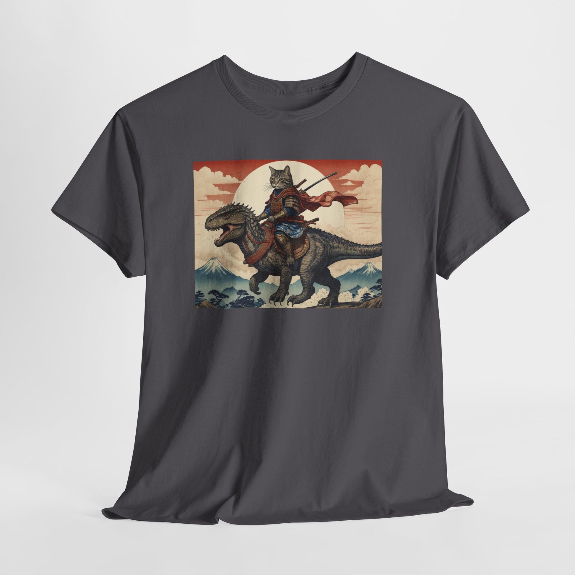 Samurai Cat Riding T-REX T-Shirt | Vintage Japanese Wave Art Tee | Odyssey Camp & Co.