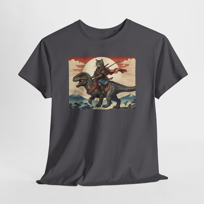Samurai Cat Riding T-REX T-Shirt | Vintage Japanese Wave Art Tee | Odyssey Camp & Co.