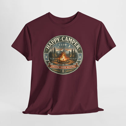Unisex Happy Camper Tee | Vintage Campfire Badge Shirt | Odyssey Camp & Co.
