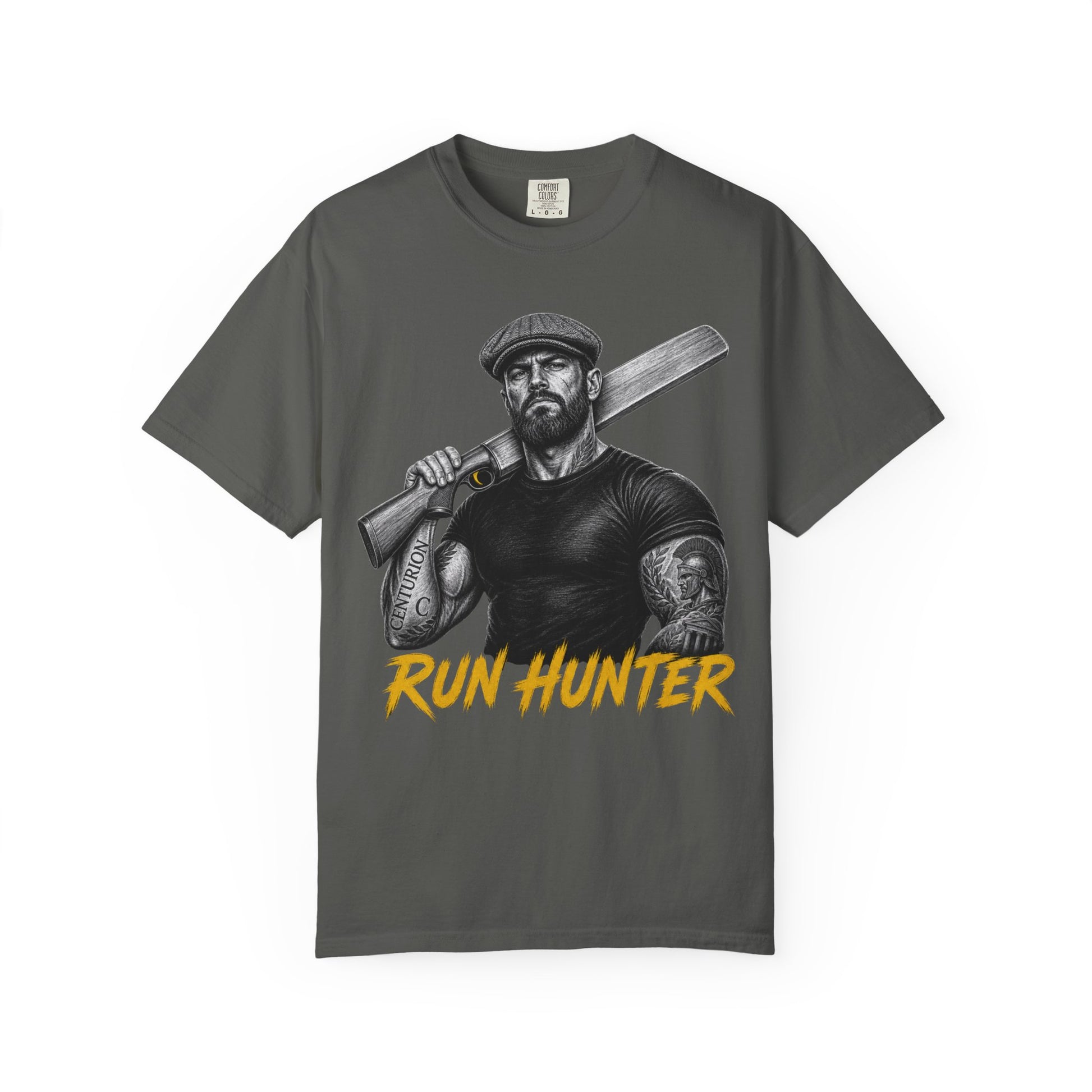 Run Hunter cricket t-shirt, batsman with CENTURION Roman numeral tattoo, garment-dyed tee