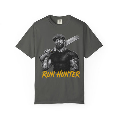 Run Hunter cricket t-shirt, batsman with CENTURION Roman numeral tattoo, garment-dyed tee