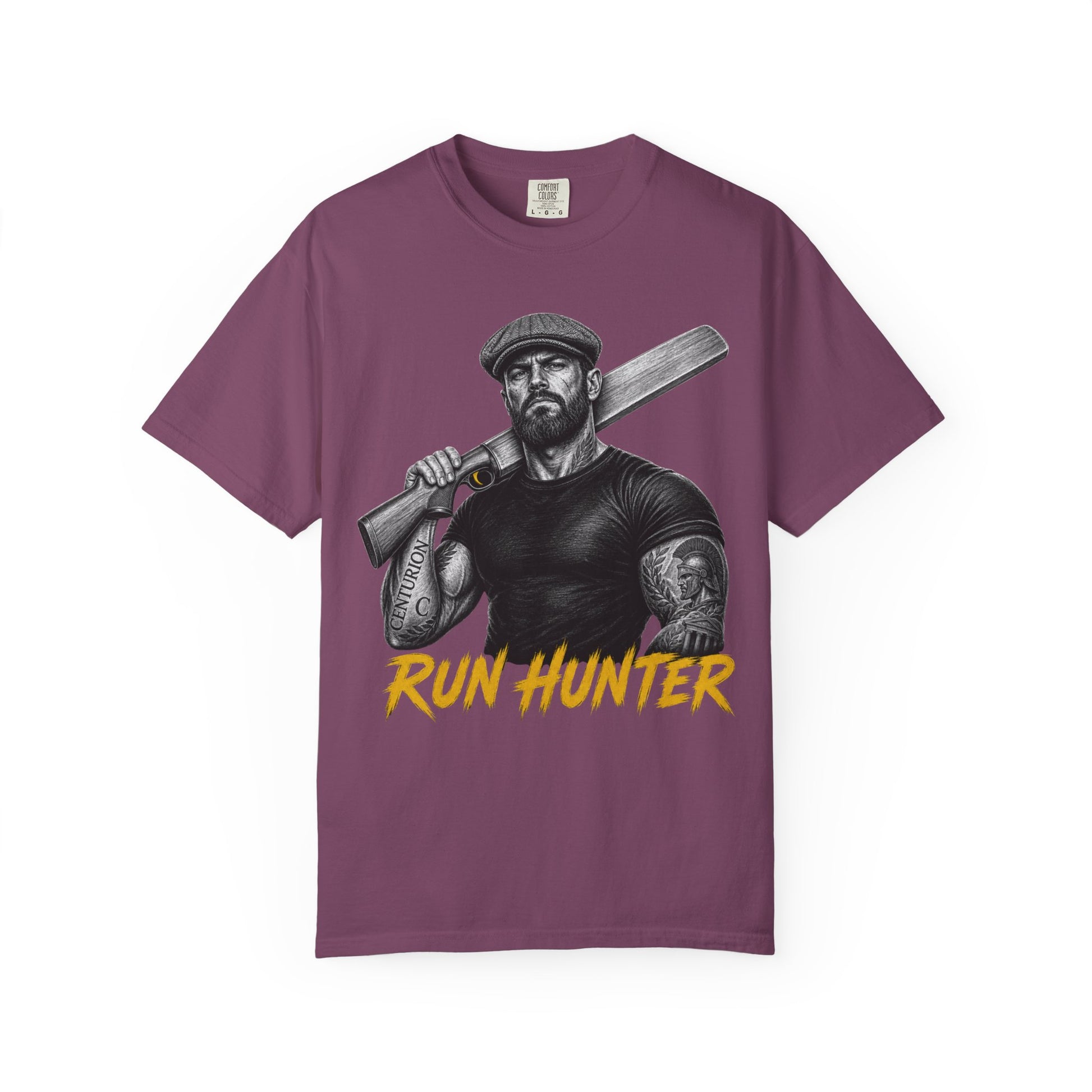 Run Hunter cricket batsman t-shirt, tweed flat cap and tally-mark tattoos, cricket gift for him
