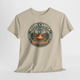 Unisex Happy Camper Tee | Vintage Campfire Badge Shirt | outdoor lifestyle t-shirt | camping gift | Odyssey Camp & Co.
