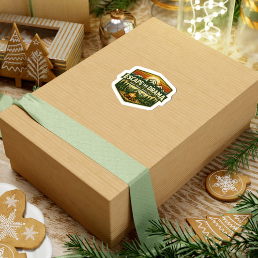 Gift box with 'Escape Drama' label on a festive table with cookies and decorations