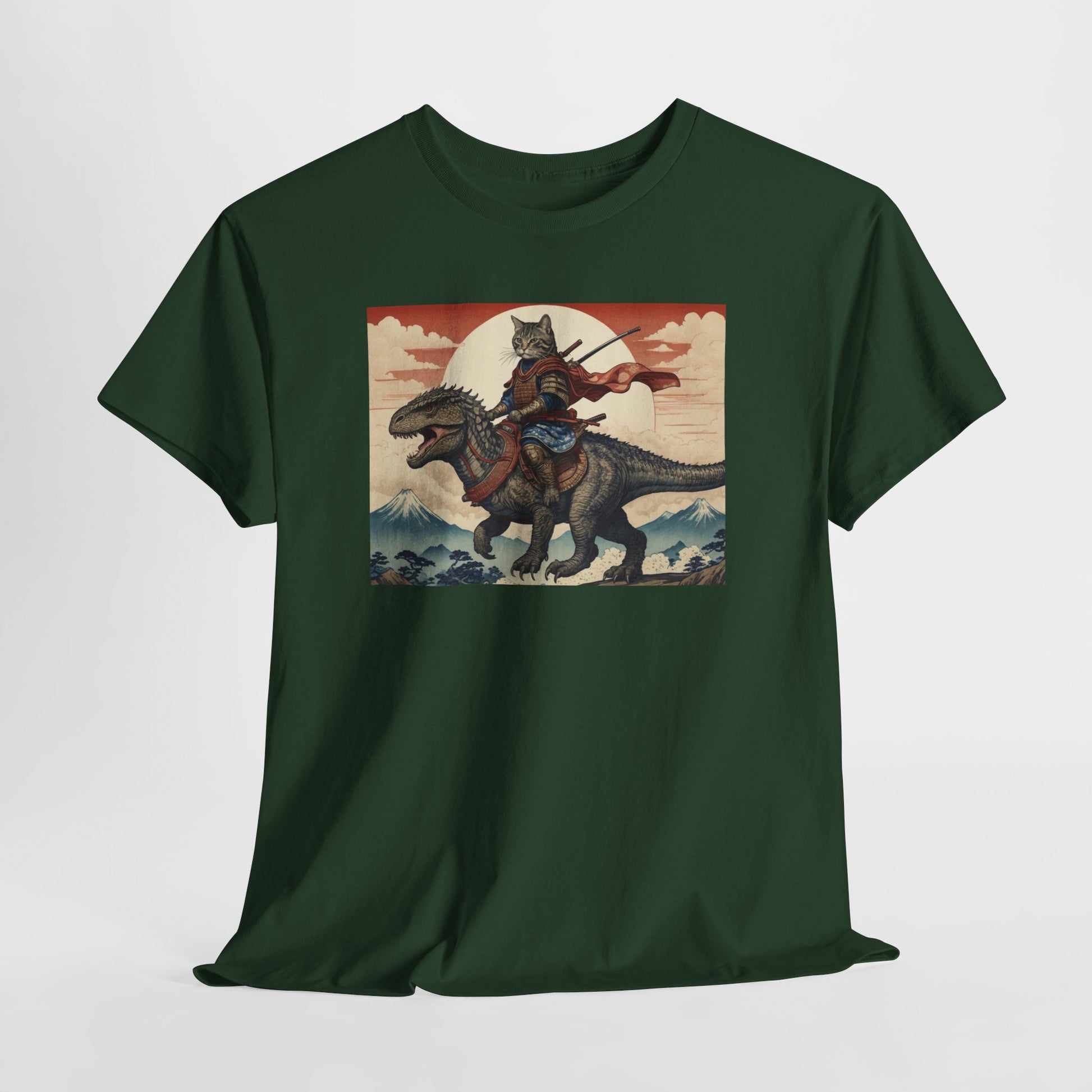 Samurai Cat Riding T-REX T-Shirt | Vintage Japanese Wave Art Tee | Odyssey Camp & Co.