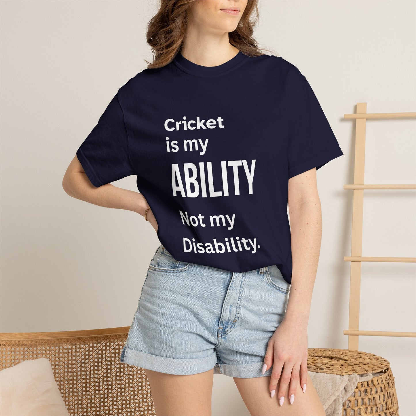 Cricket Is My Ability disability pride cricket t-shirt worn, lifestyle shot