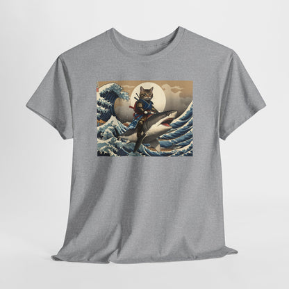 Samurai Cat Riding Shark T-Shirt | Vintage Japanese Wave Art Tee | Odyssey Camp & Co.