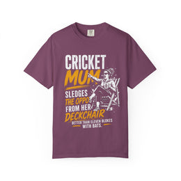 Cricket Mum Deckchair Sledgear T-Shirt, funny garment-dyed cricket gift for mum by Odyssey Camp & Co.