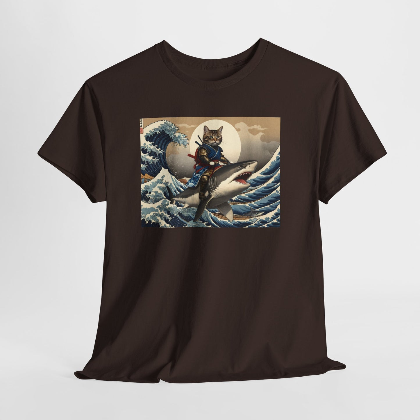 Samurai Cat Riding Shark T-Shirt | Vintage Japanese Wave Art Tee | Odyssey Camp & Co.