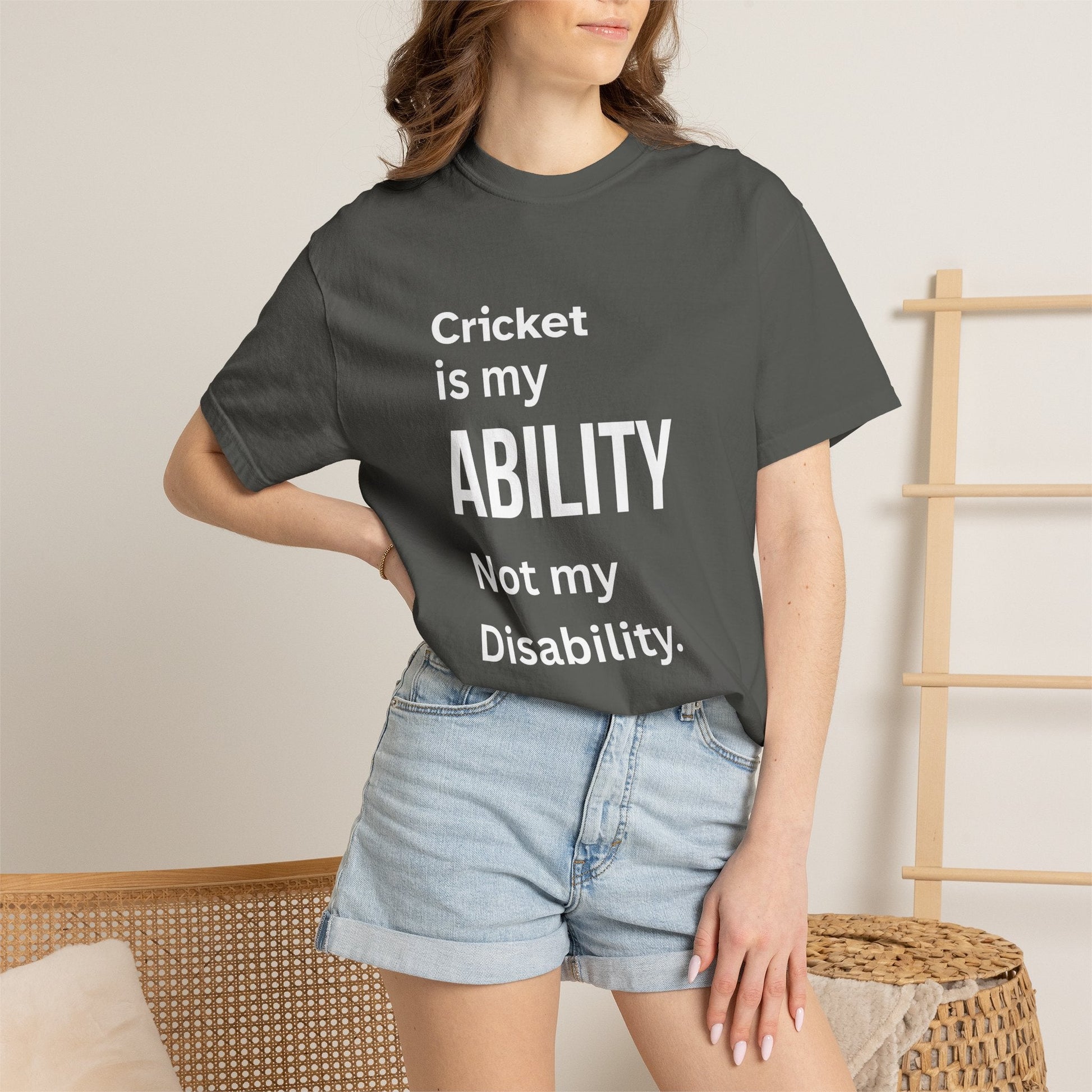 Cricket Is My Ability disability pride cricket t-shirt, side view