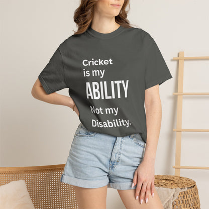 Cricket Is My Ability disability pride cricket t-shirt, side view