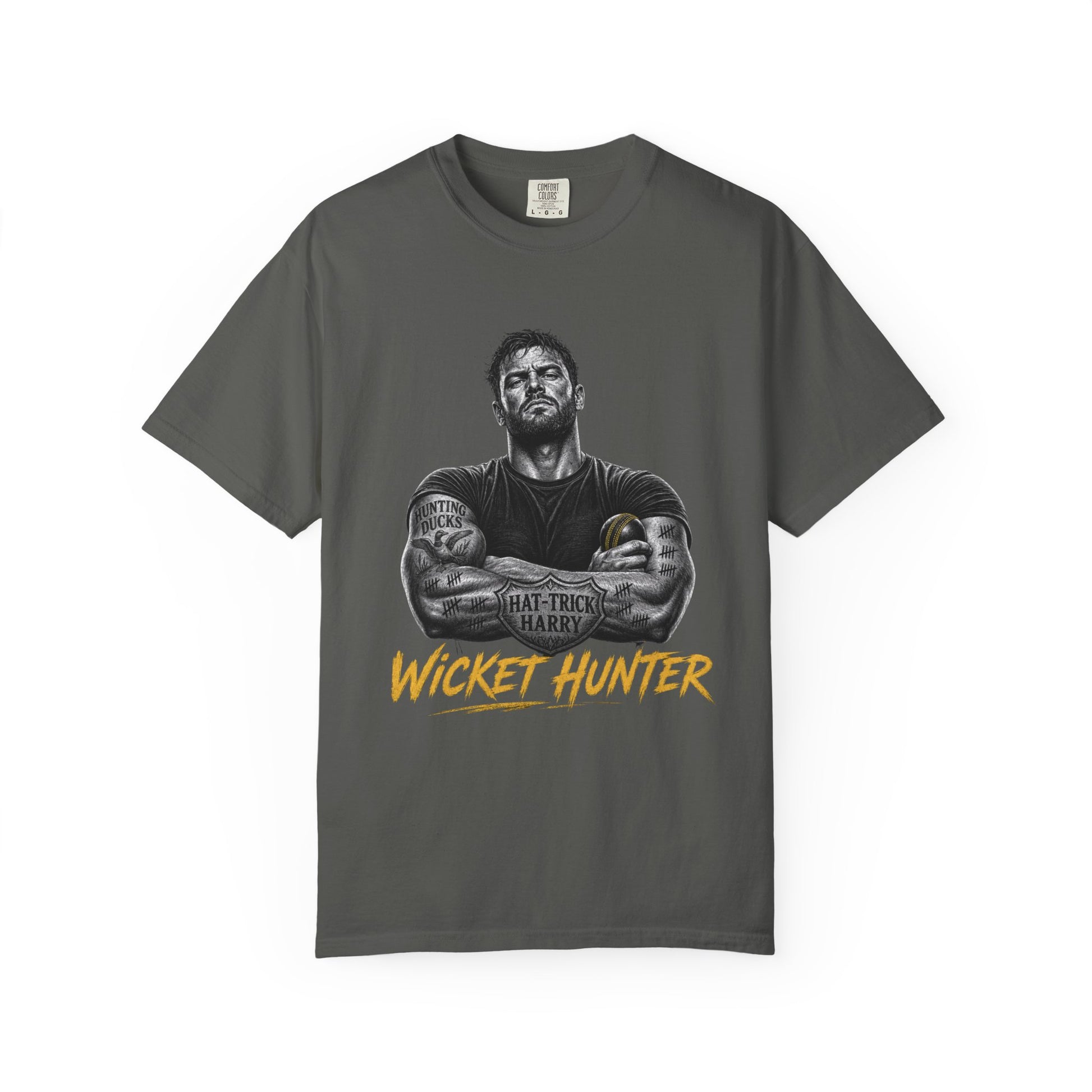 Wicket Hunter cricket bowler t-shirt, hat-trick shield and tally-mark tattoos, cricket gift for him