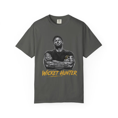 Wicket Hunter cricket bowler t-shirt, hat-trick shield and tally-mark tattoos, cricket gift for him