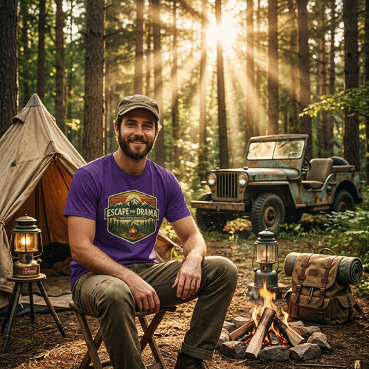 Escape the Drama Camp More Stress Less Shirt | Retro Campfire Tee | outdoor lifestyle t-shirt | camping gift | Odyssey Cam...
