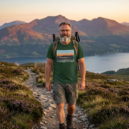 Sleeping Warrior Isle of Arran Sunset Tee | Psalm 18 T-Shirt | outdoor lifestyle t-shirt | camping gift | Odyssey Camp & Co.