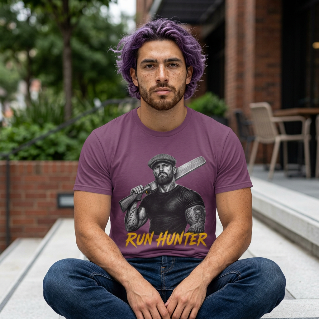 Run Hunter cricket batsman graphic t-shirt, front print design