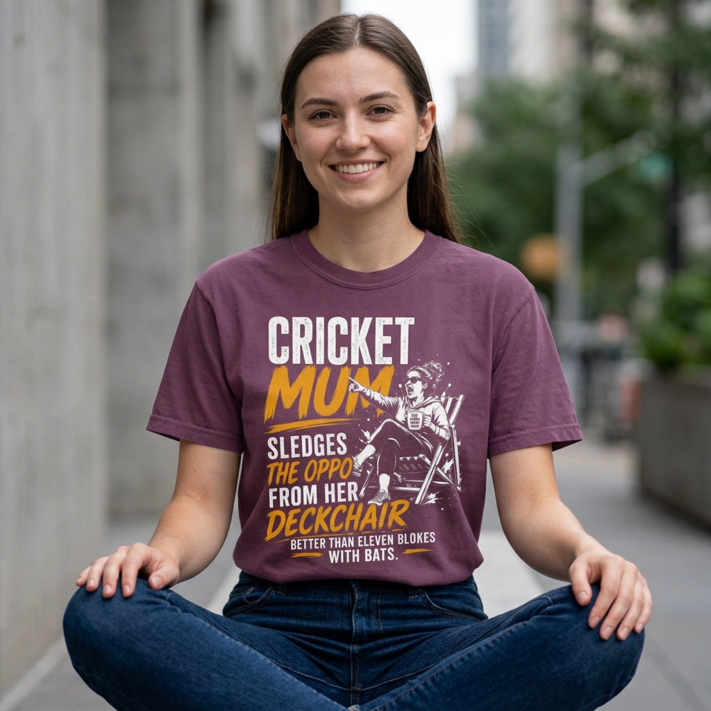 Cricket Mum deckchair sledging funny graphic t-shirt, front print design