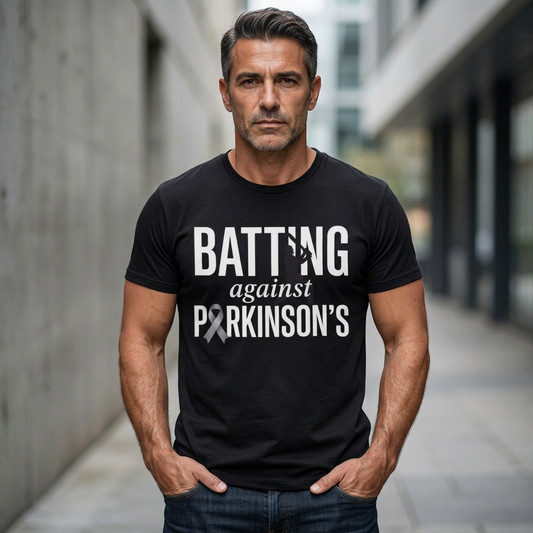 Batting Against Parkinson's awareness cricket t-shirt, front print design