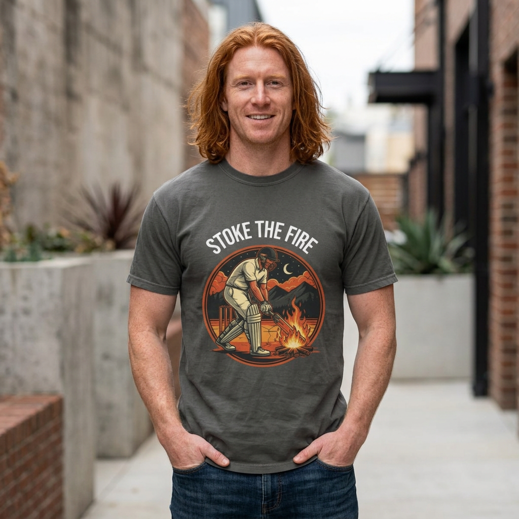 Stoke the Fire cricket campfire bat graphic t-shirt, front print design