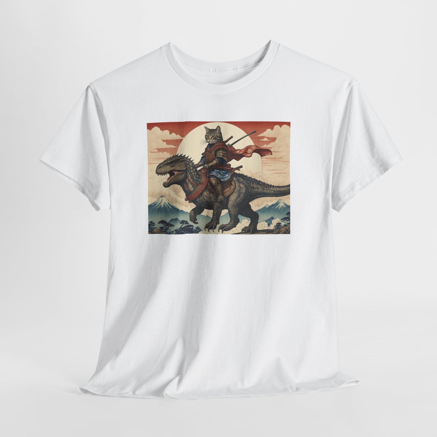 Samurai Cat Riding T-REX T-Shirt | Vintage Japanese Wave Art Tee | Odyssey Camp & Co.