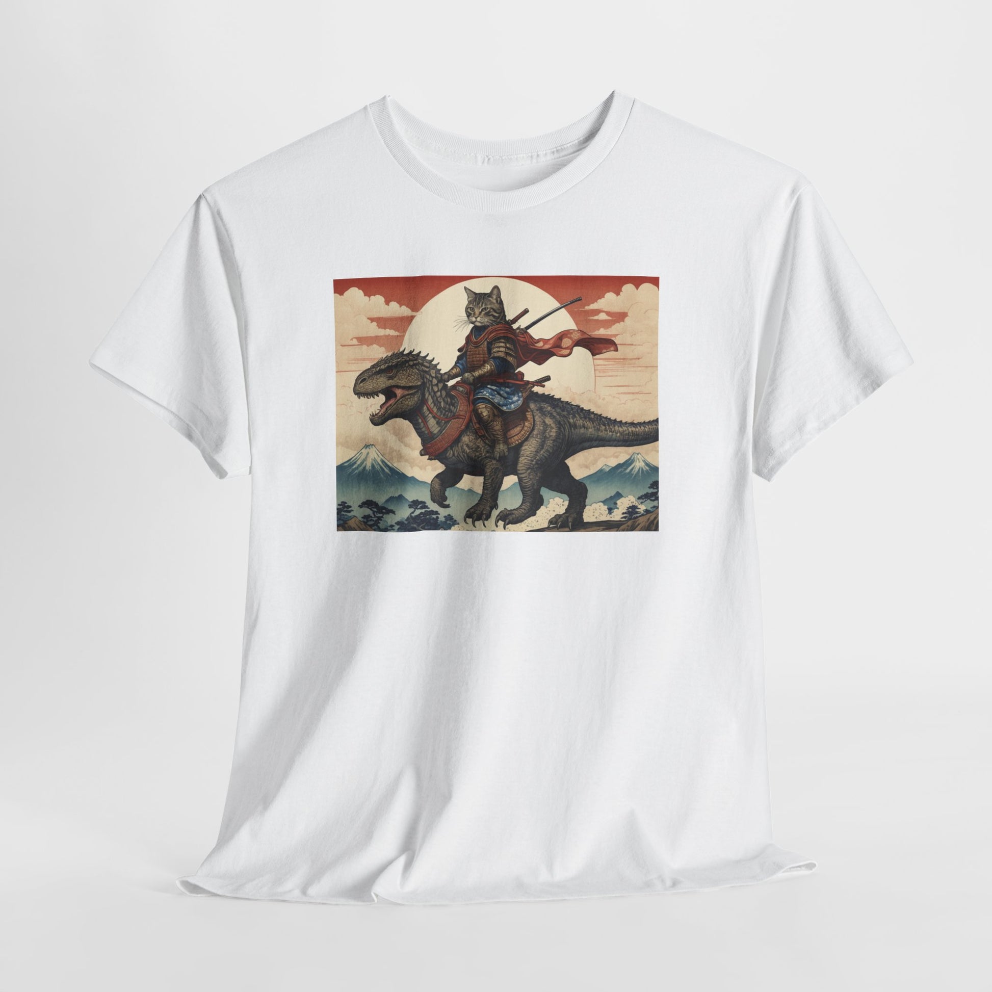 Samurai Cat Riding T-REX T-Shirt | Vintage Japanese Wave Art Tee | Odyssey Camp & Co.