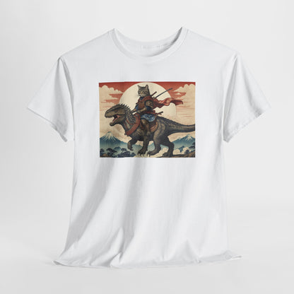 Samurai Cat Riding T-REX T-Shirt | Vintage Japanese Wave Art Tee | Odyssey Camp & Co.