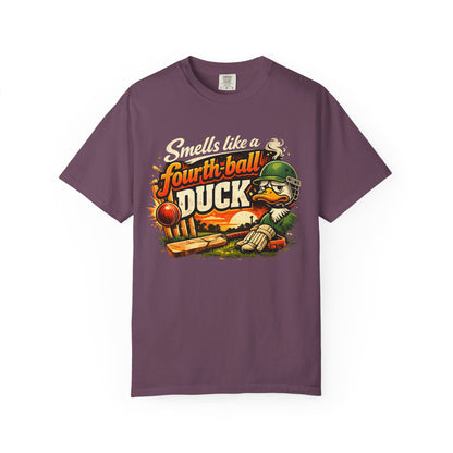 Smells Like a Fourth Ball Duck | Funny Cricket T-Shirt Retro Graphic Tee | purple | Odyssey Camp & Co.