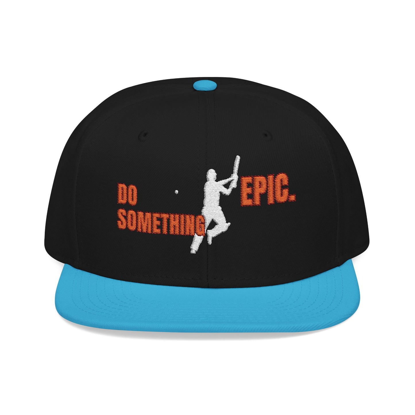 Black and blue cap with motivational quote Do Something Epic Cricket Cap  Embroidered Snapback Hat and silhouette design on a white background