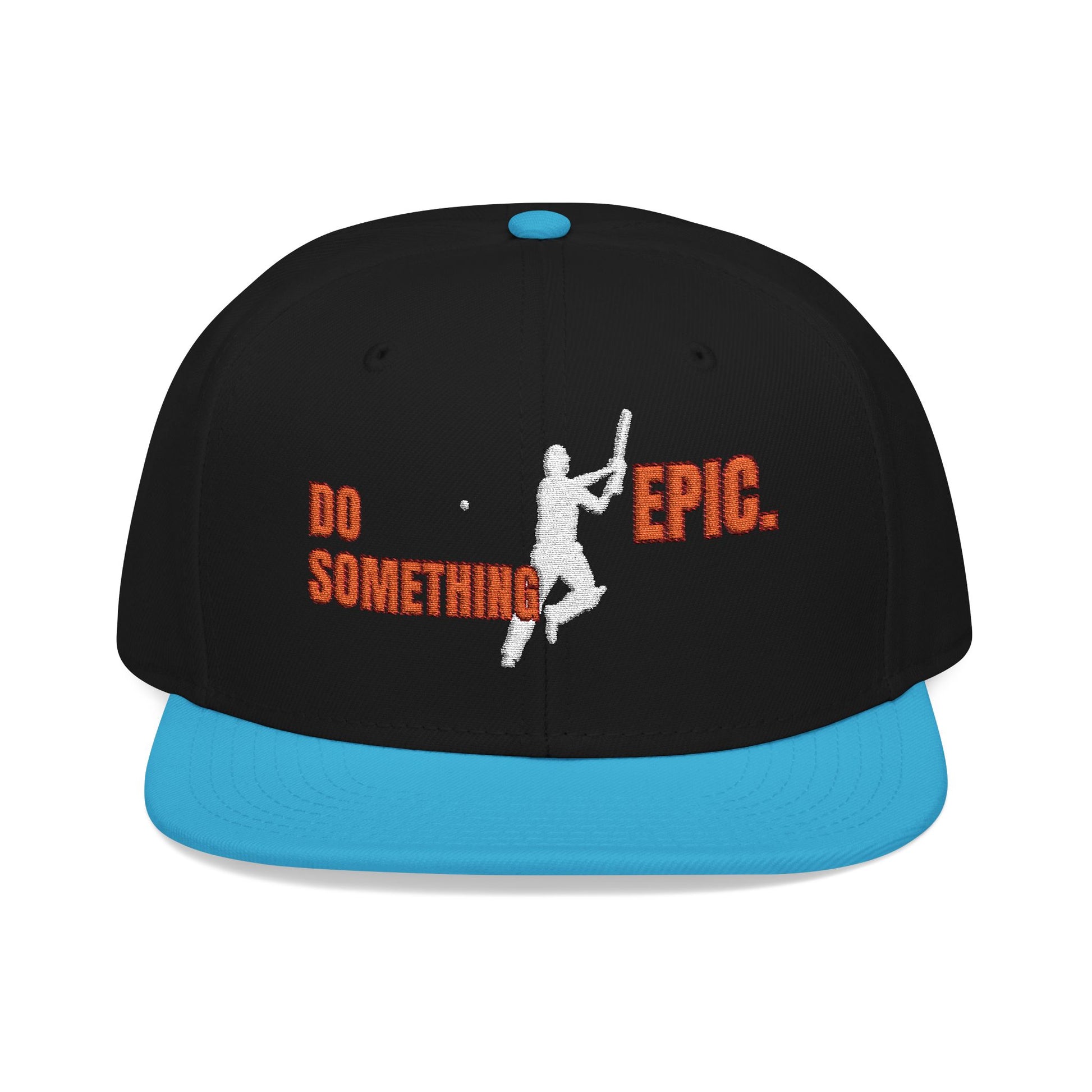Black and blue cap with motivational quote Do Something Epic Cricket Cap  Embroidered Snapback Hat and silhouette design on a white background