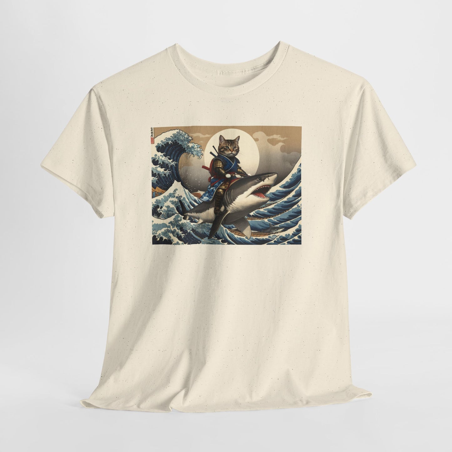 Samurai Cat Riding Shark T-Shirt | Vintage Japanese Wave Art Tee | Odyssey Camp & Co.