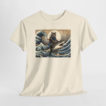 Samurai Cat Riding Shark T-Shirt | Vintage Japanese Wave Art Tee | Odyssey Camp & Co.