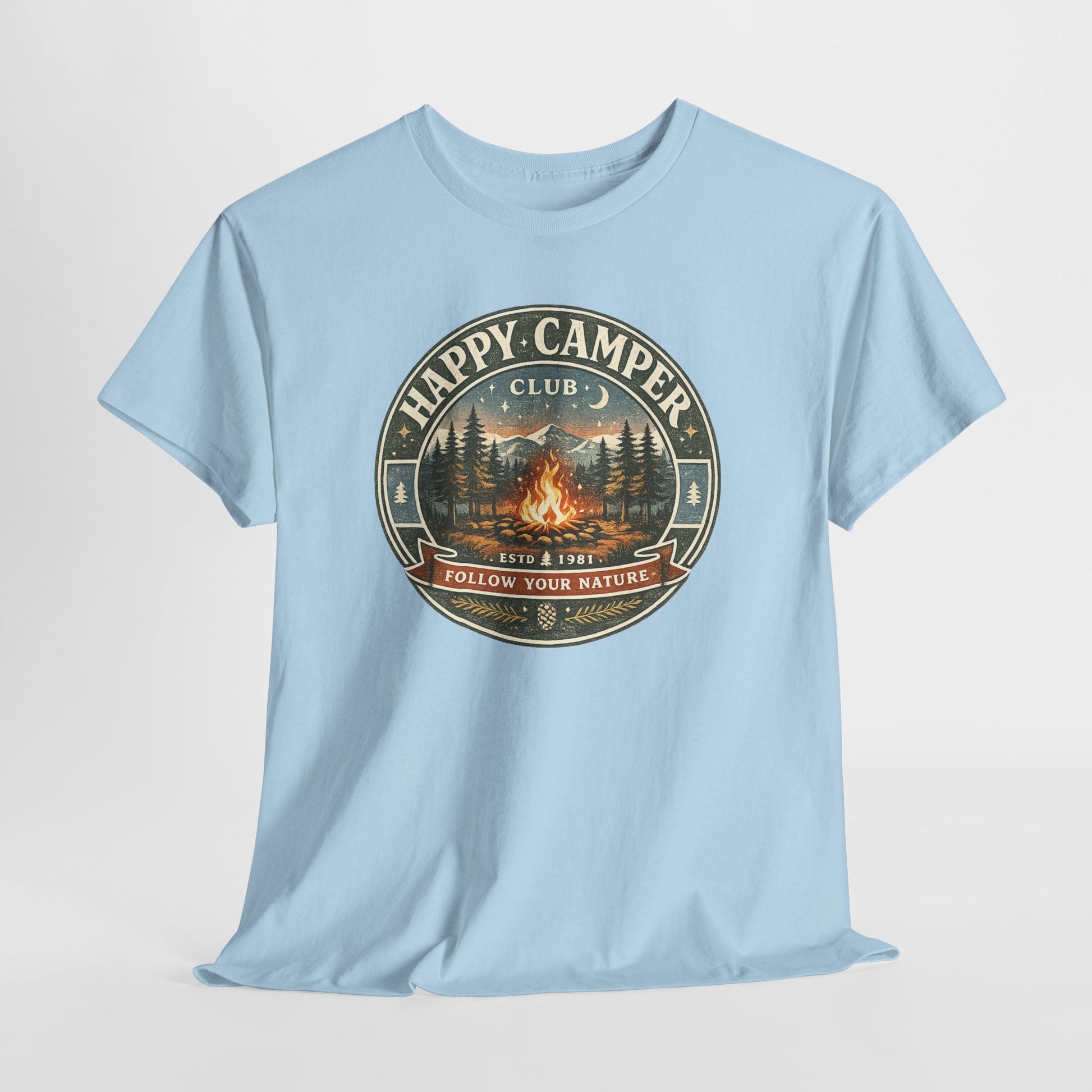 Unisex Happy Camper Tee | Vintage Campfire Badge Shirt | Odyssey Camp & Co.