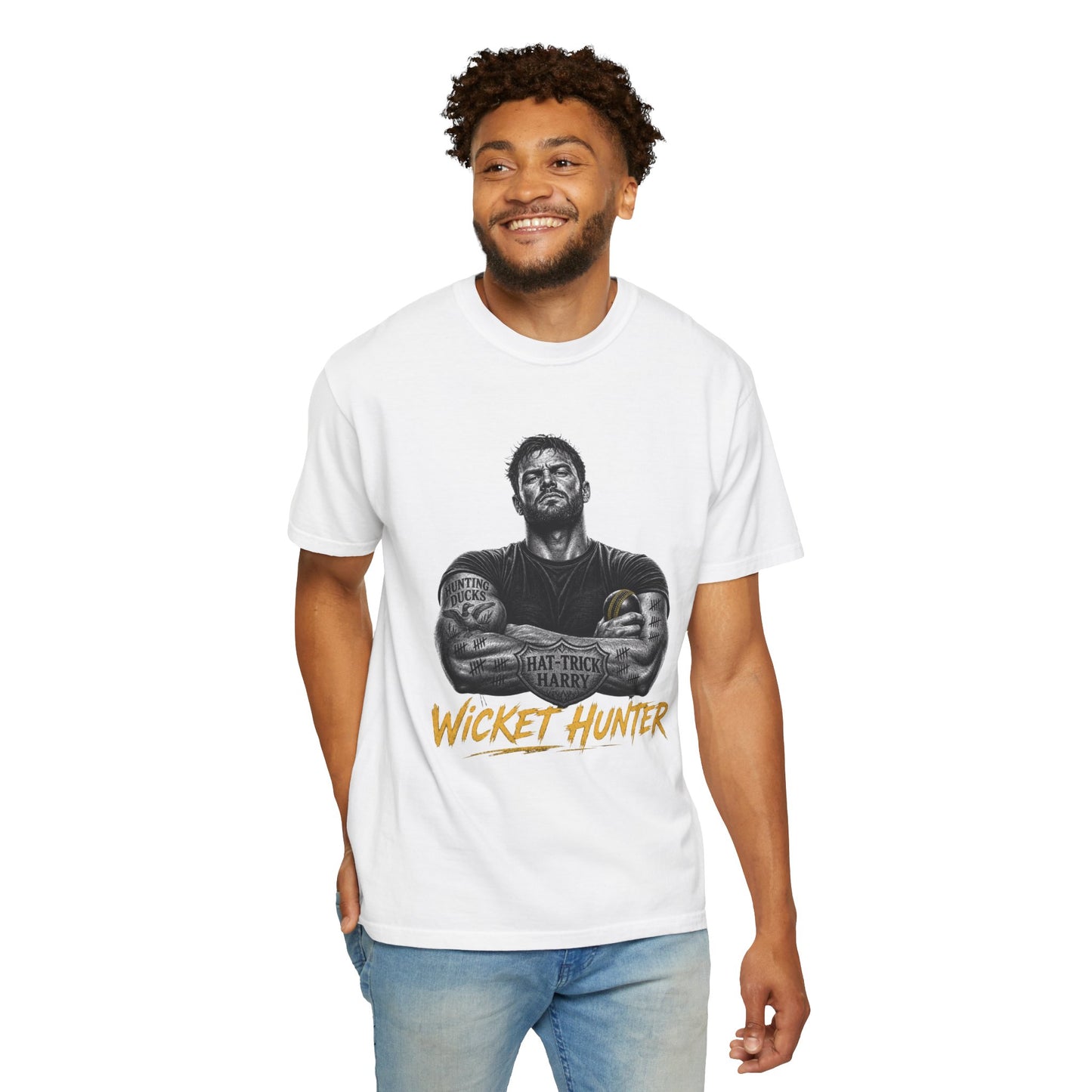 Wicket Hunter cricket bowler graphic tee, tattooed arms-folded design