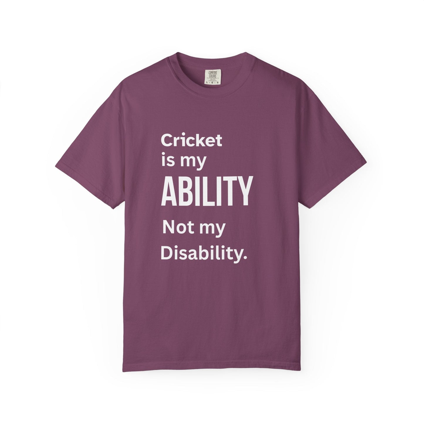 Cricket Is My Ability disability pride cricket t-shirt, folded flat lay