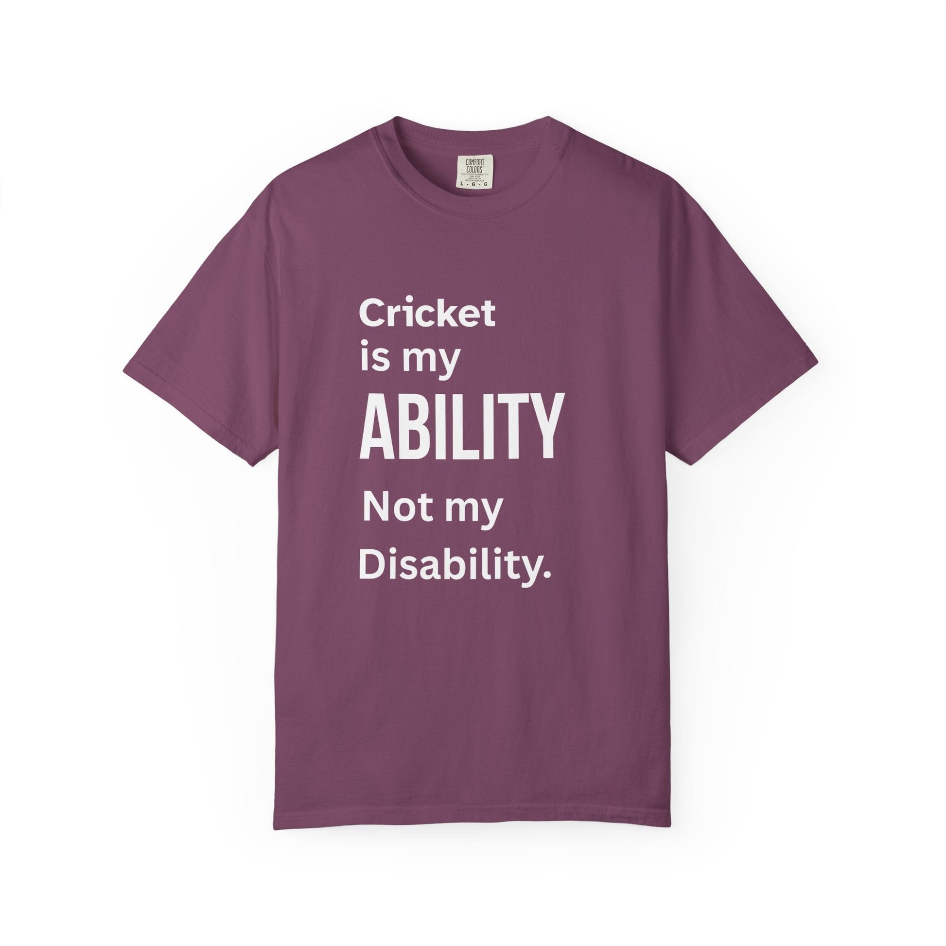 Cricket Is My Ability disability pride cricket t-shirt, folded flat lay