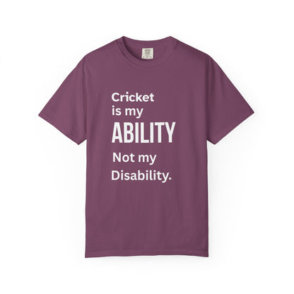 Cricket Is My Ability disability pride cricket t-shirt, folded flat lay