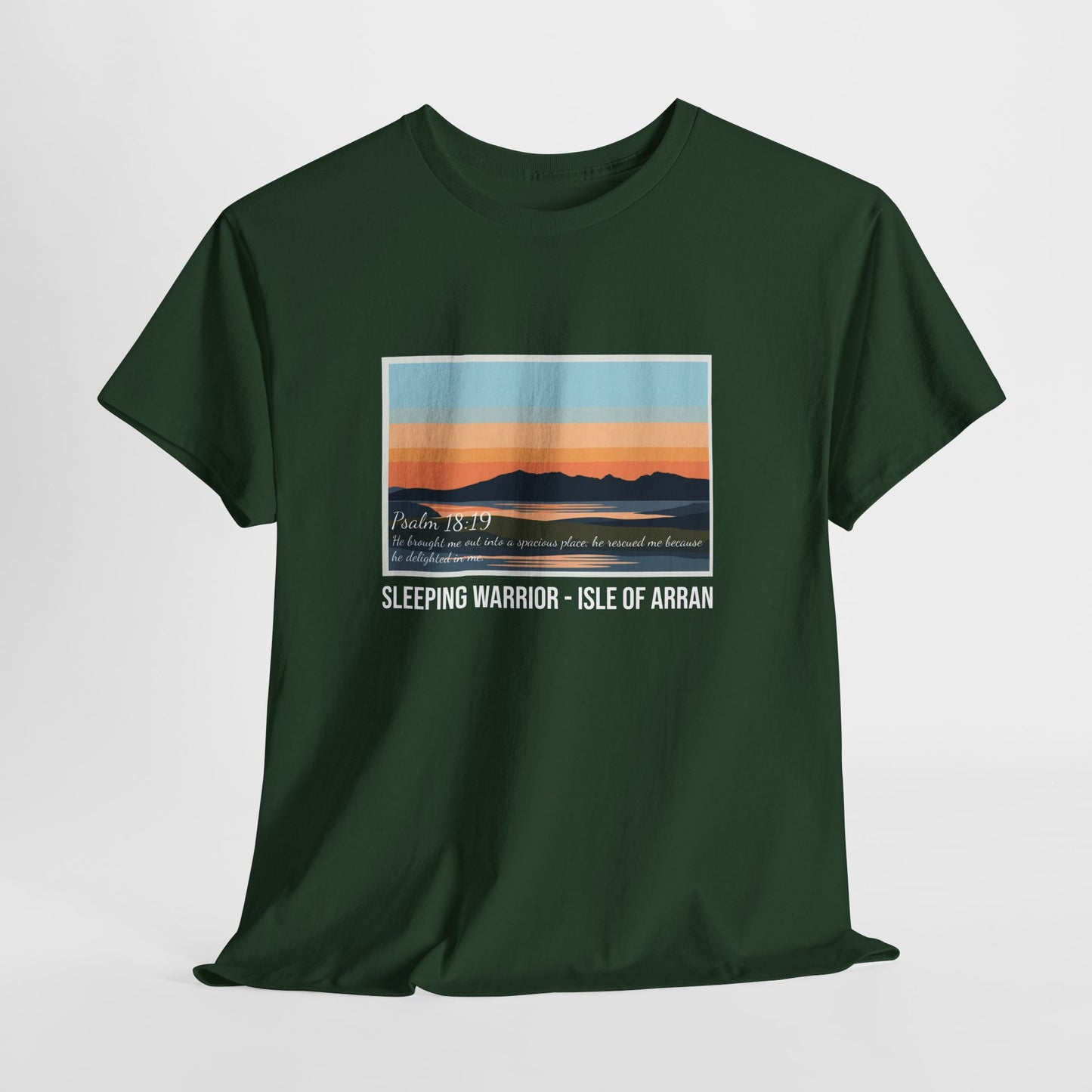 Sleeping Warrior Isle of Arran Sunset Tee — Psalm 18:19 T-Shirt