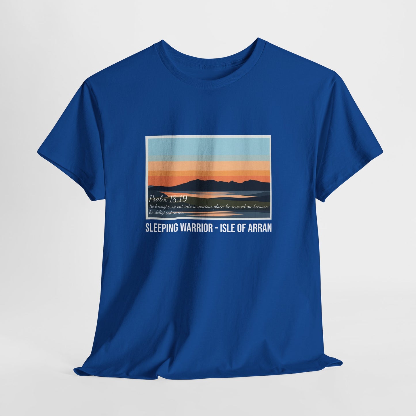 Sleeping Warrior Isle of Arran Sunset Tee — Psalm 18:19 T-Shirt