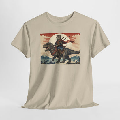 Samurai Cat Riding T-REX T-Shirt | Vintage Japanese Wave Art Tee | Odyssey Camp & Co.