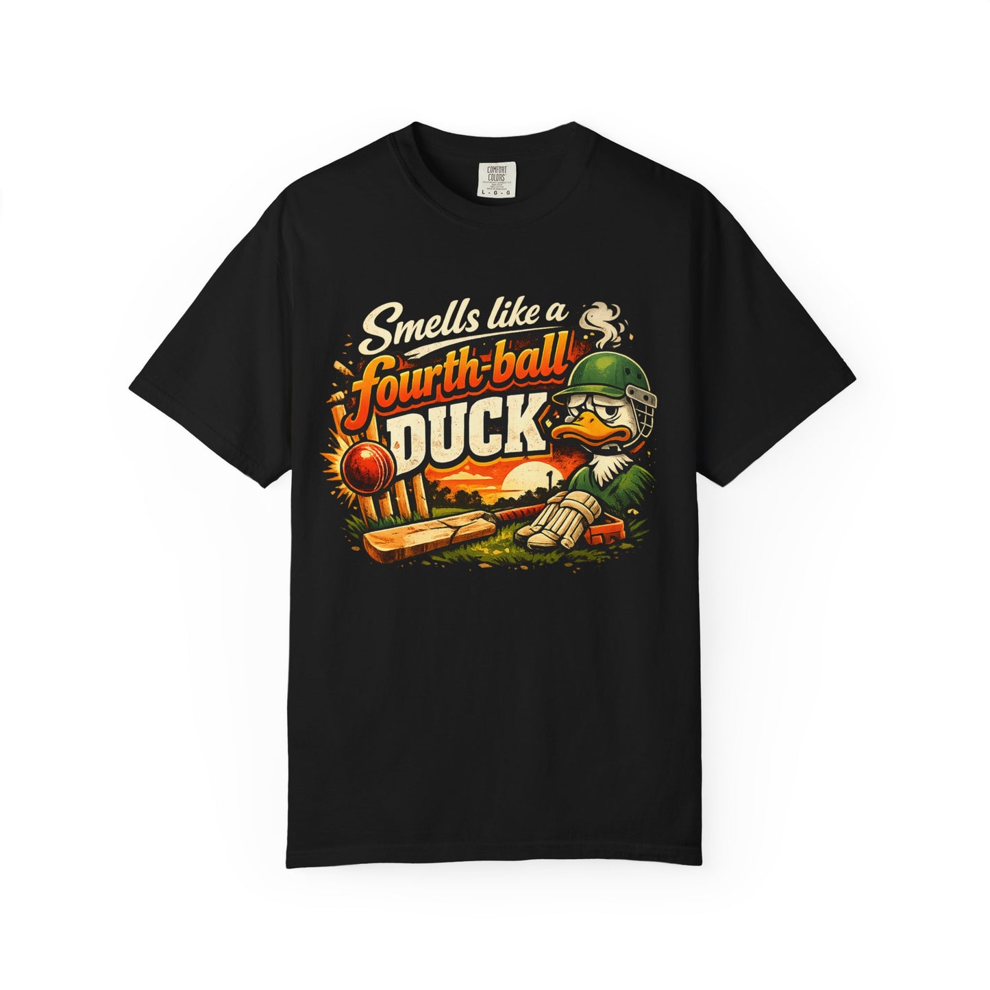 Smells Like a Fourth Ball Duck | Funny Cricket T-Shirt Retro Graphic Tee | black | Odyssey Camp & Co.